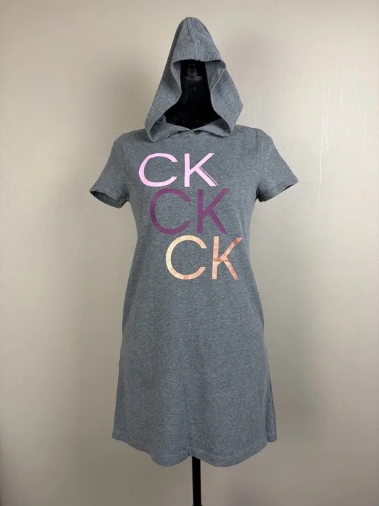 Calvin Klein Performance Gray Hooded Sweatshirt Dress CK Logo Girl XL/16 Pockets - Picture 8 of 16